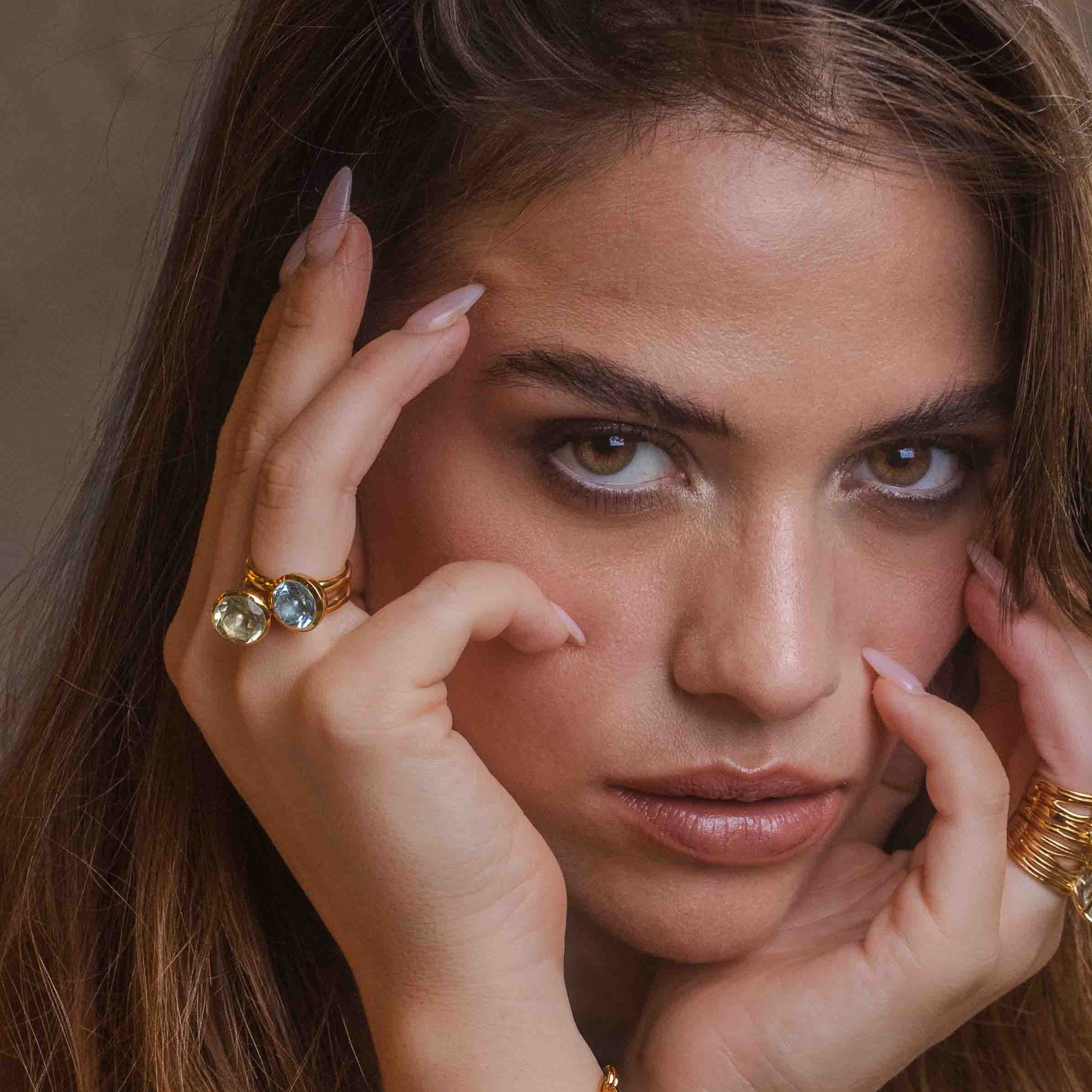 cocktail ring gold green and blue gems