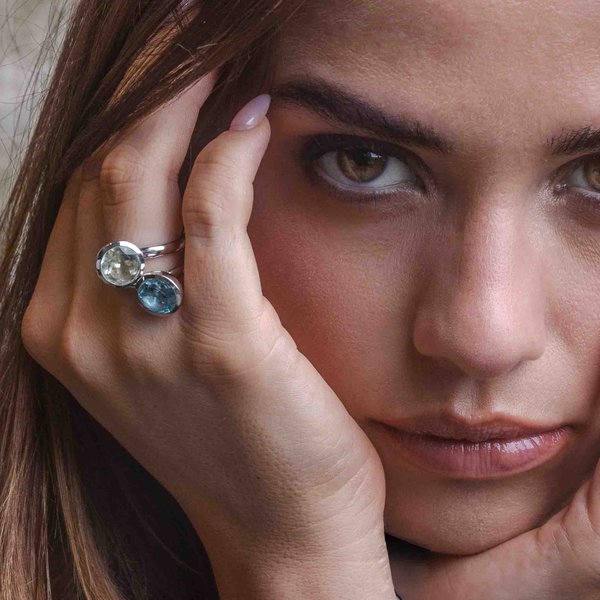 silver cocktail ring green and blue gemstone with model