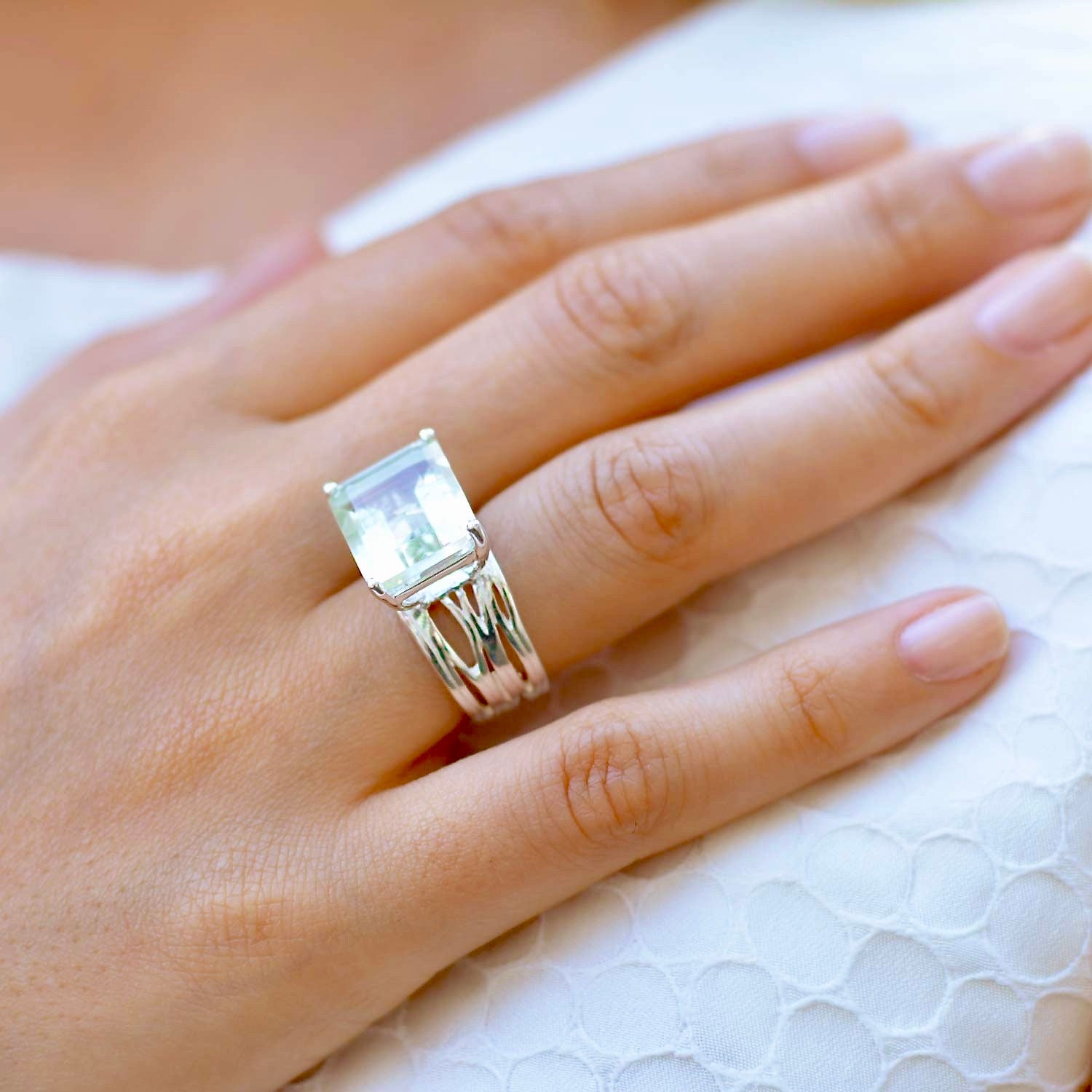 Pietra Silver Cocktail Ring Green Amethyst
