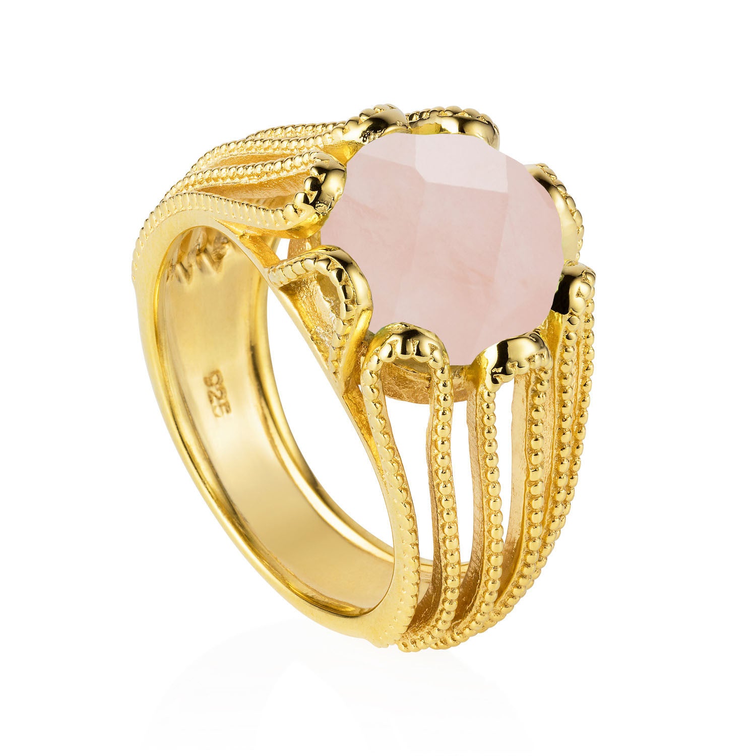 gold, vermeil, cocktail ring, rose quartz gemstone, geometric, unique British design