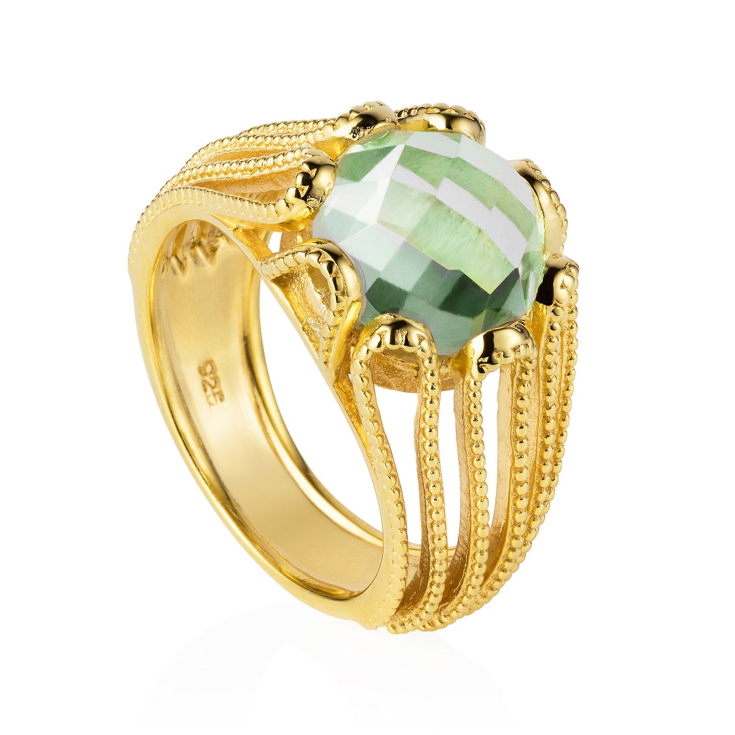 gold, vermeil, cocktail ring, green amethyst gemstone, geometric, unique British design 