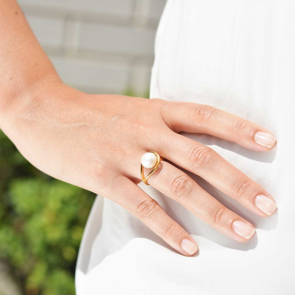 Gold Vermeil ring, white pearl, unique British design, sustainable