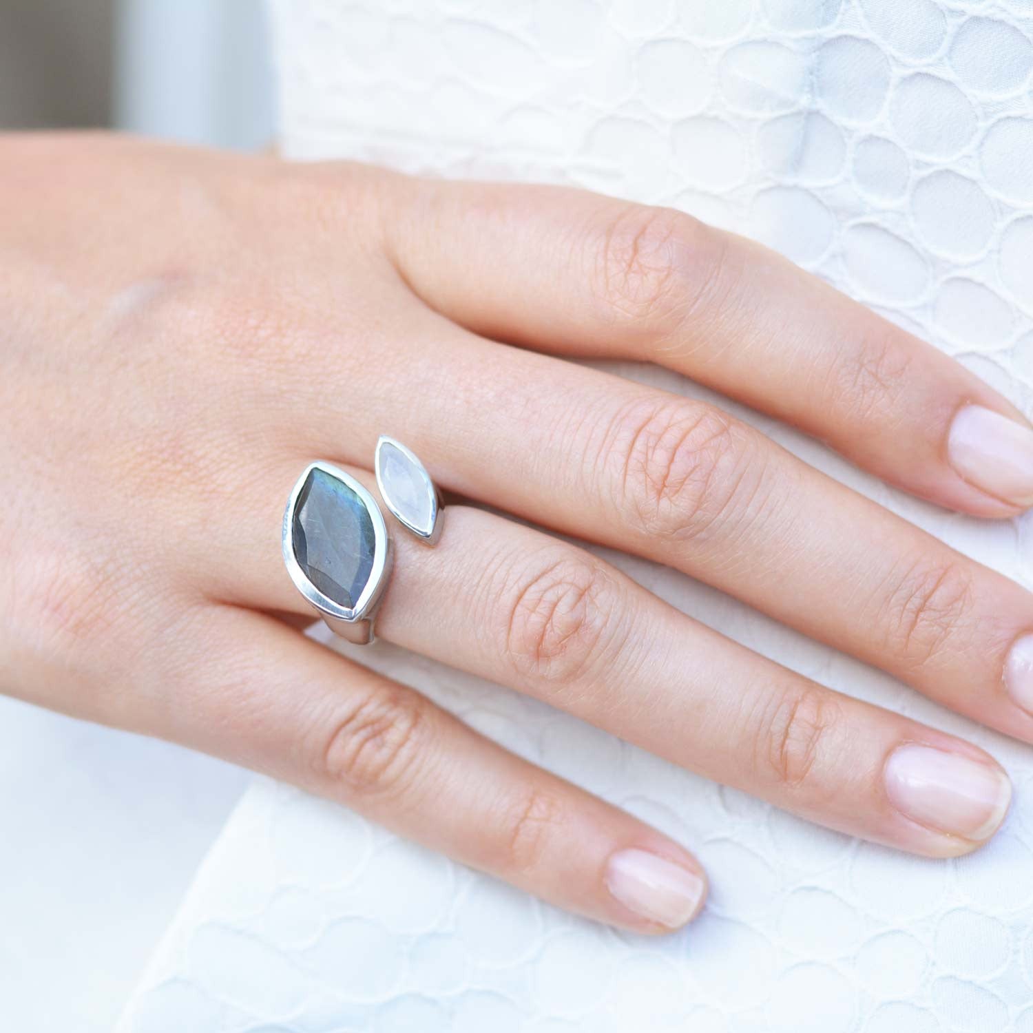 Silver Cocktail Ring with Labradorite and Rainbow Moonstone, unique British design