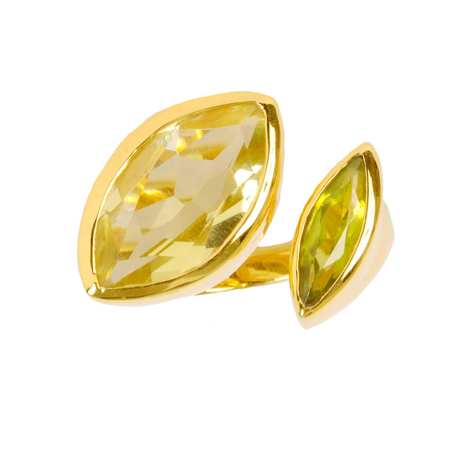 Gold vermeil cocktail ring, lemon quartz, green peridot gemstone, geometric, unique British design
