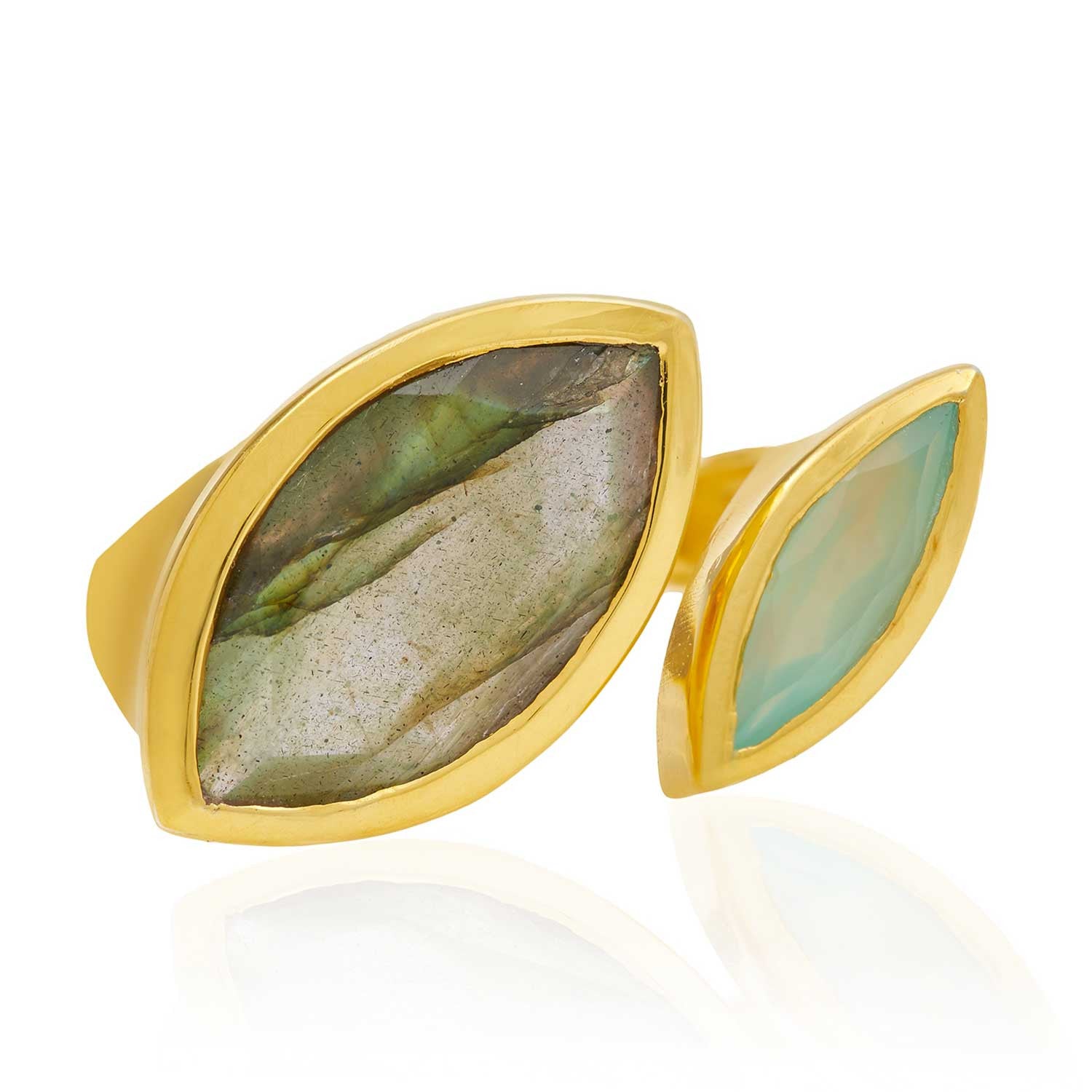 Gold Ring, Labradorite, Aqua Chalcedony gemstone, geometric, minimalist unique design