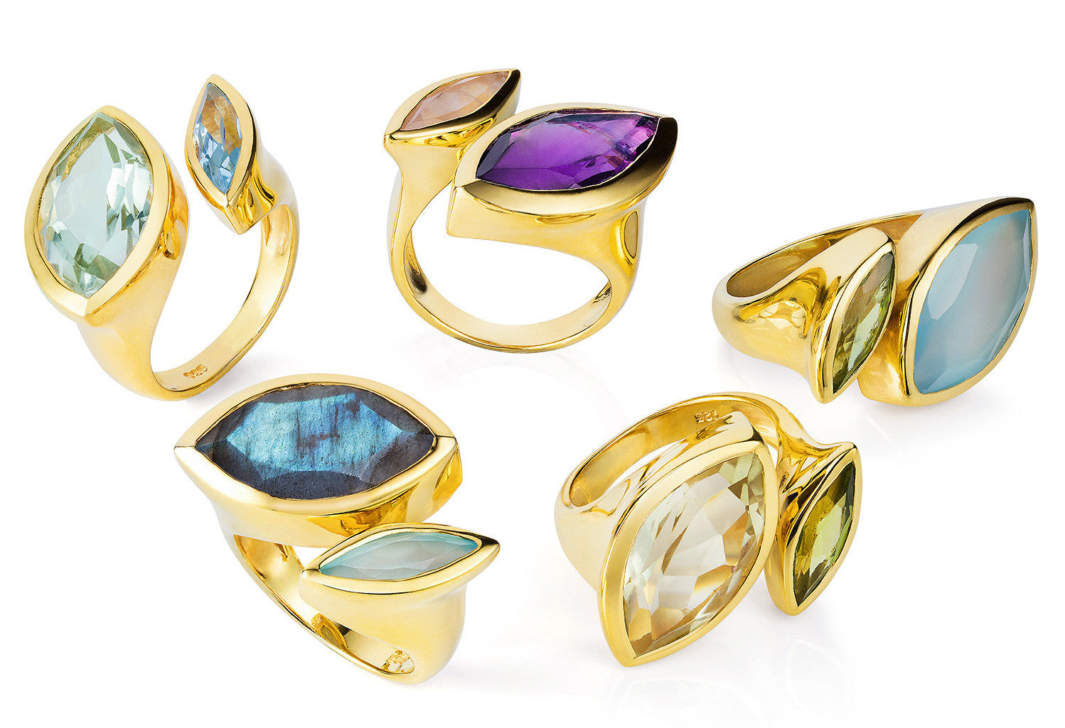 Different Gold Vermeil Rings, Citrine and Aqua Chalcedony gemstones, minimalist, geometric design