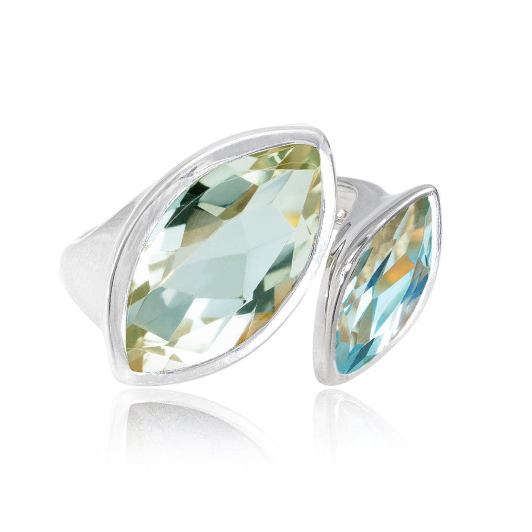 Silver cocktail ring, Green Amethyst gemstone, Blue Topaz gemstone, geometric, unique British design