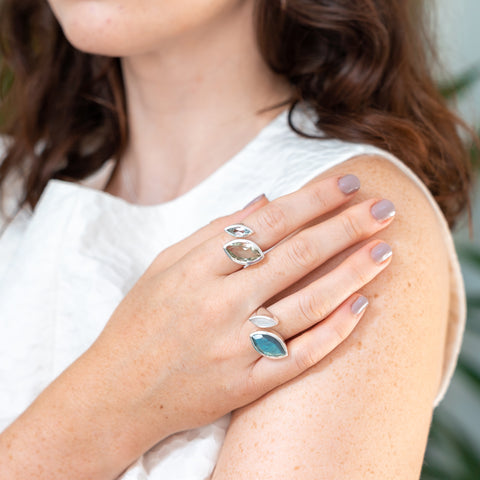 Silver cocktail ring, lemon quartz, green peridot gemstone, geometric, rainbow moonstone ring, unique British design