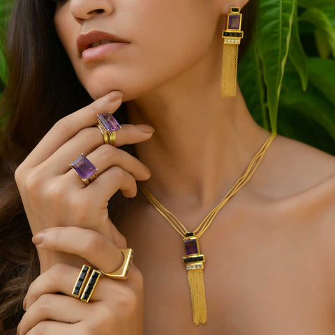 Gold Vermeil Necklace, Purple Amethyst, Black Onyx, unique British design