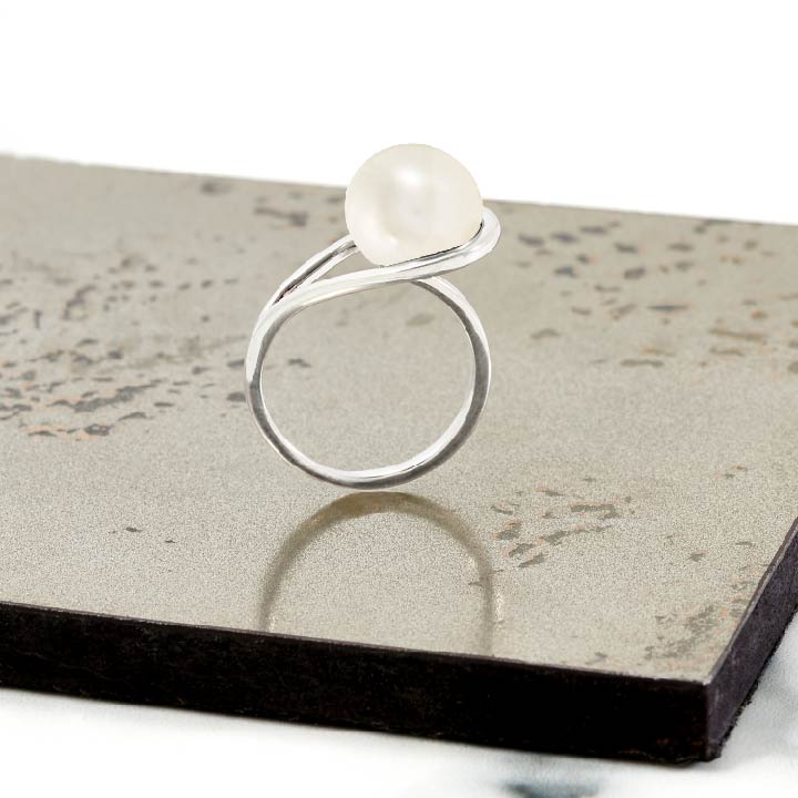 Silver ring, white freshwater pearl, geometric, unique British design