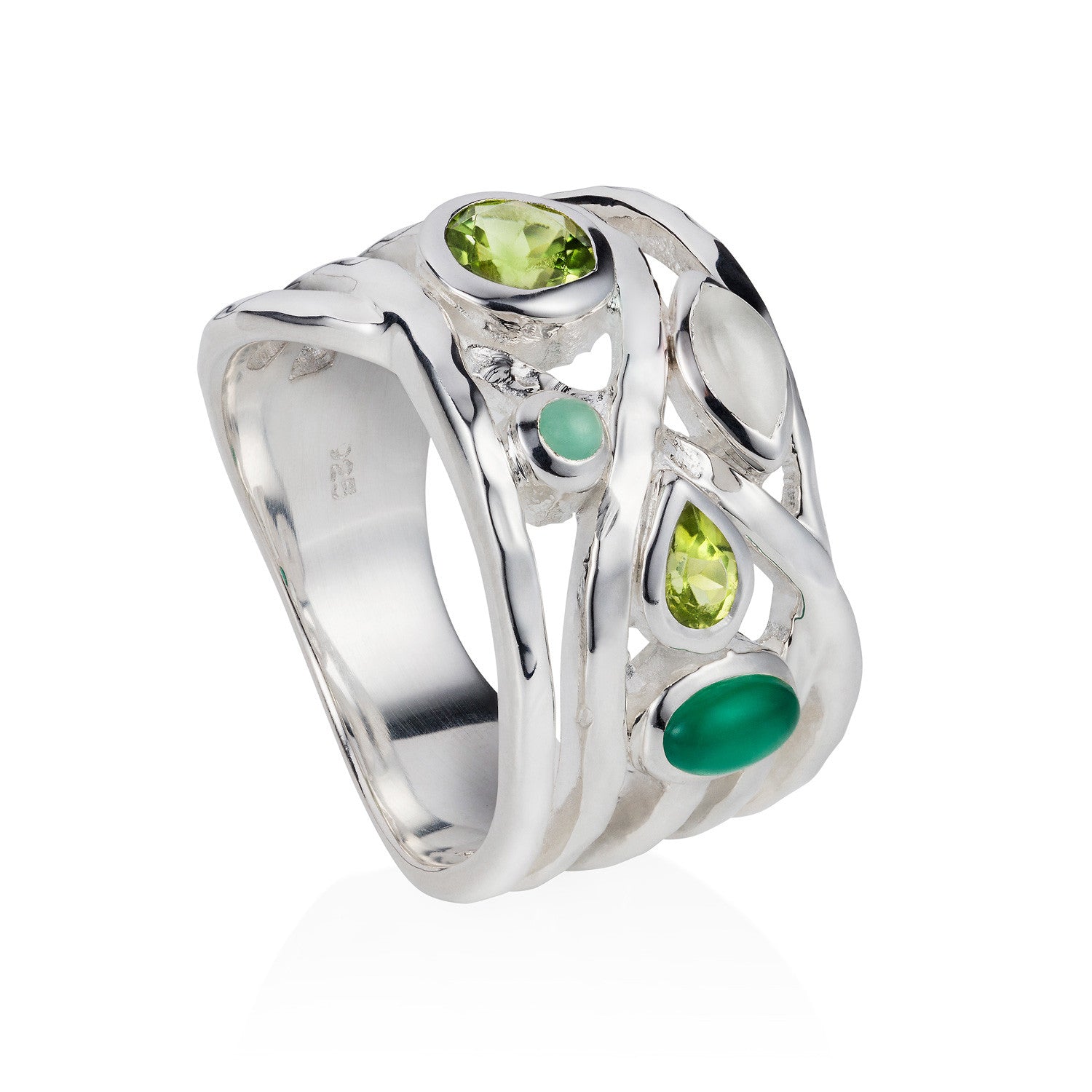 Silver, cocktail ring, Green Amethyst, Green Onyx, Chrysoprase and Peridot, gemstone, geometric, unique British design