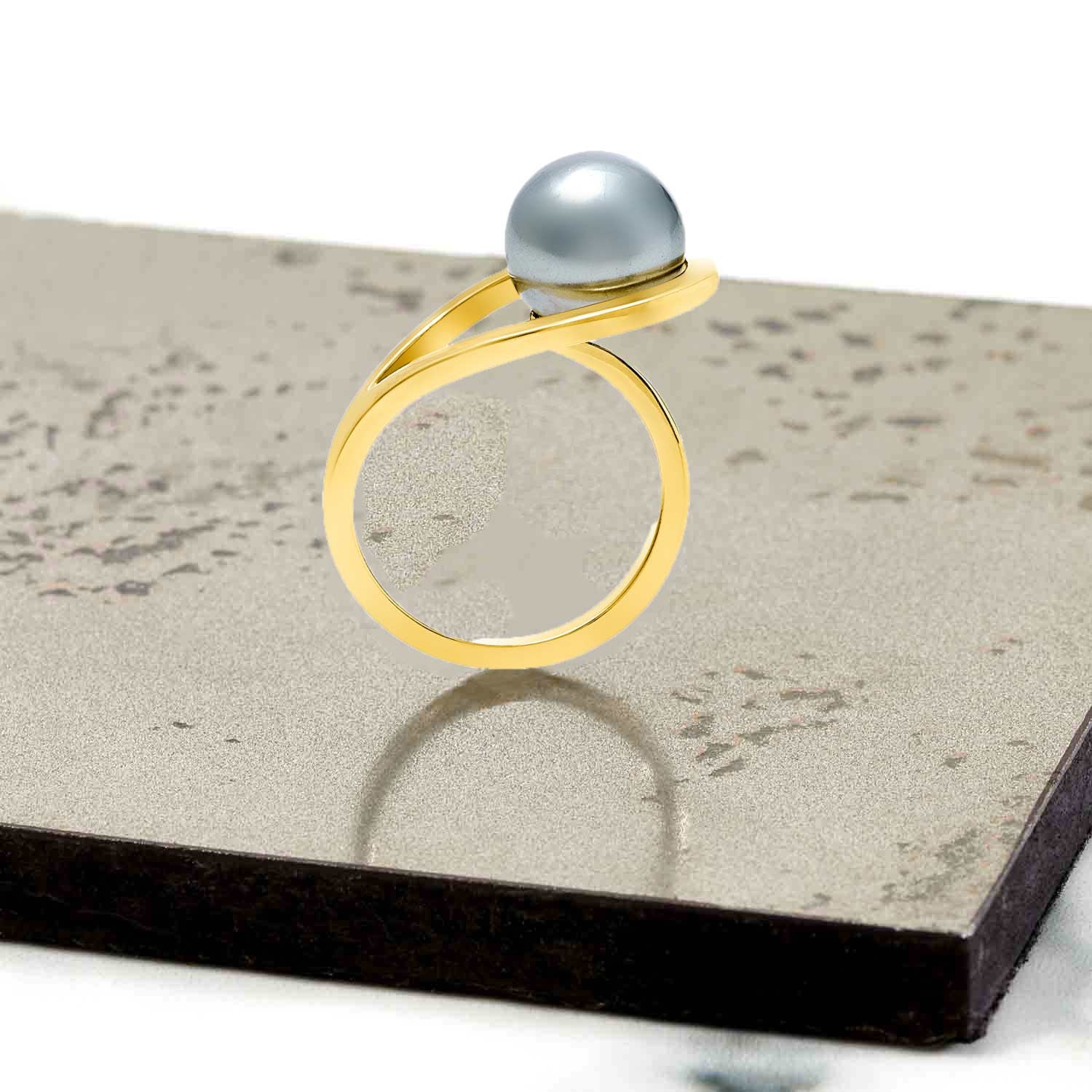 Gold ring, grey pearl, geometric, unique British design, sustainable