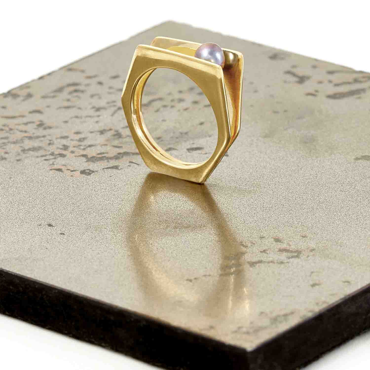 gold vermeil cocktail ring, pearl, geometric,  original British design