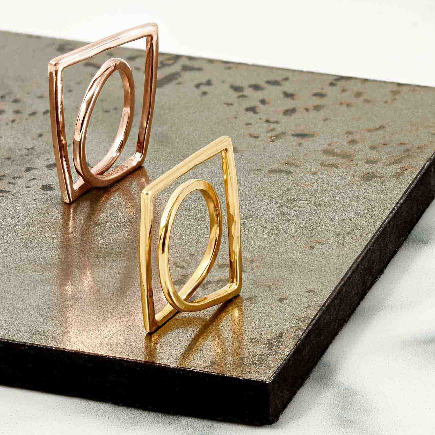 Gold vermeil, rose gold sculptured rings, Geometric, unique British design
