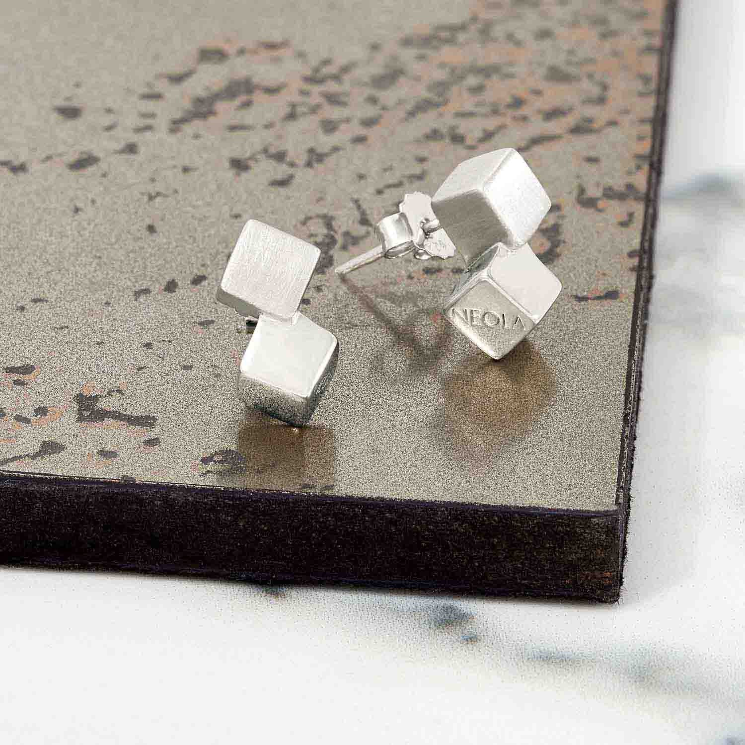 silver cube earrings, unique British design, geometric, minimalist