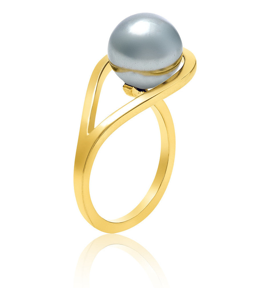 Gold Ring with Grey Freshwater Pearl, unique design, minimalist
