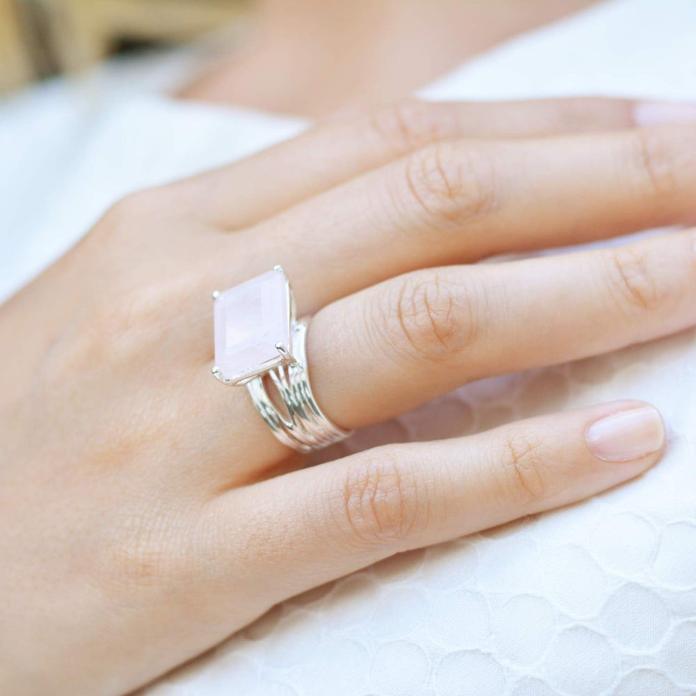 Silver cocktail ring, rose quartz gemstone, geometric, unique British design