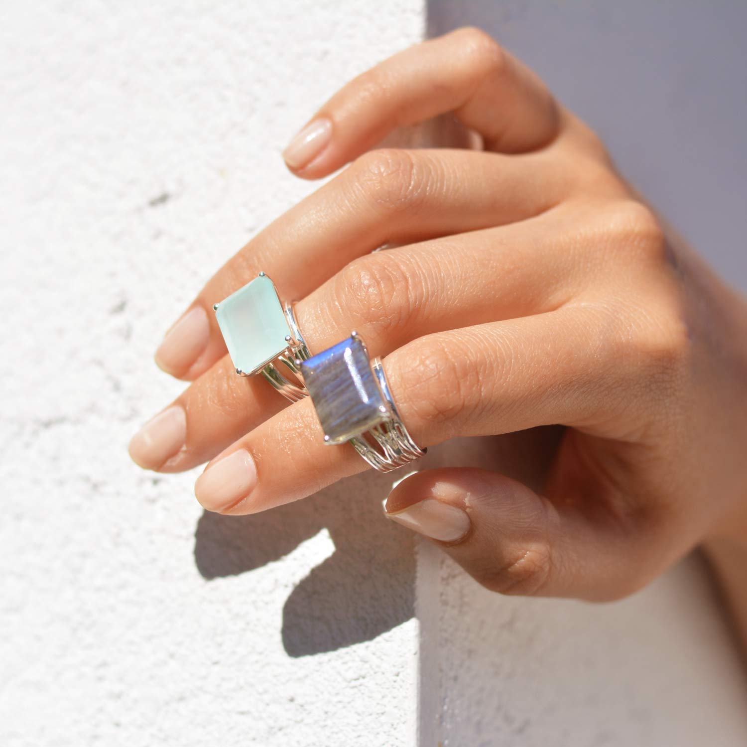 Silver cocktail ring, aqua chalcedony gemstone, geometric, cocktail, ring