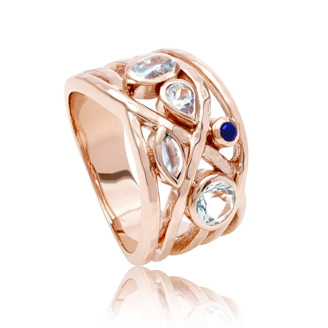 Rose Gold, vermeil, cocktail ring, Rose Quartz, Labradorite, Aqua Marine, gemstone, moonstone, geometric, unique British design