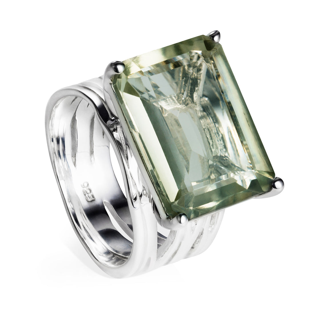 Sterling silver cocktail ring, green amethyst gemstone, geometric, unique British design