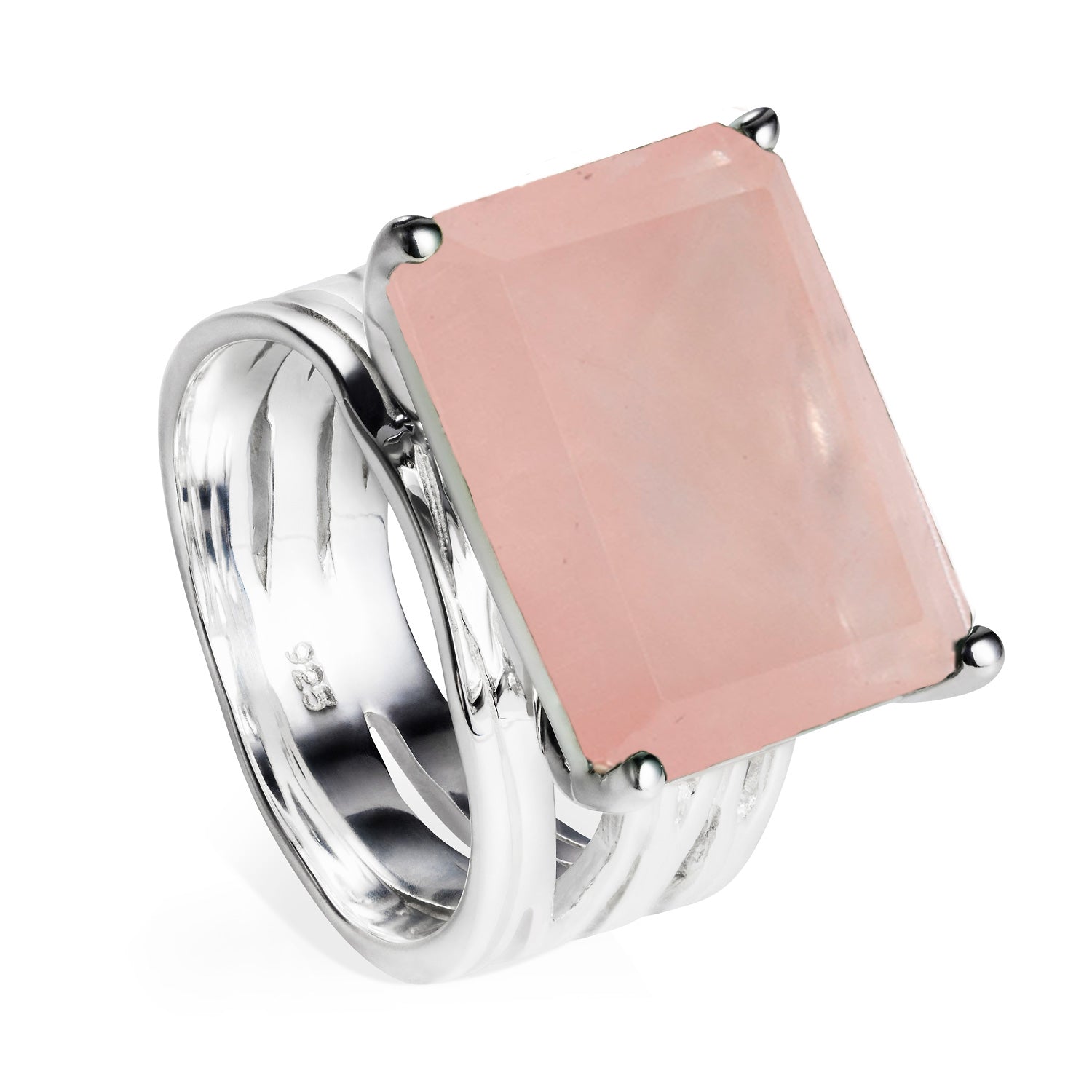 Sterling silver cocktail ring, rose quartz gemstone, geometric, unique British design