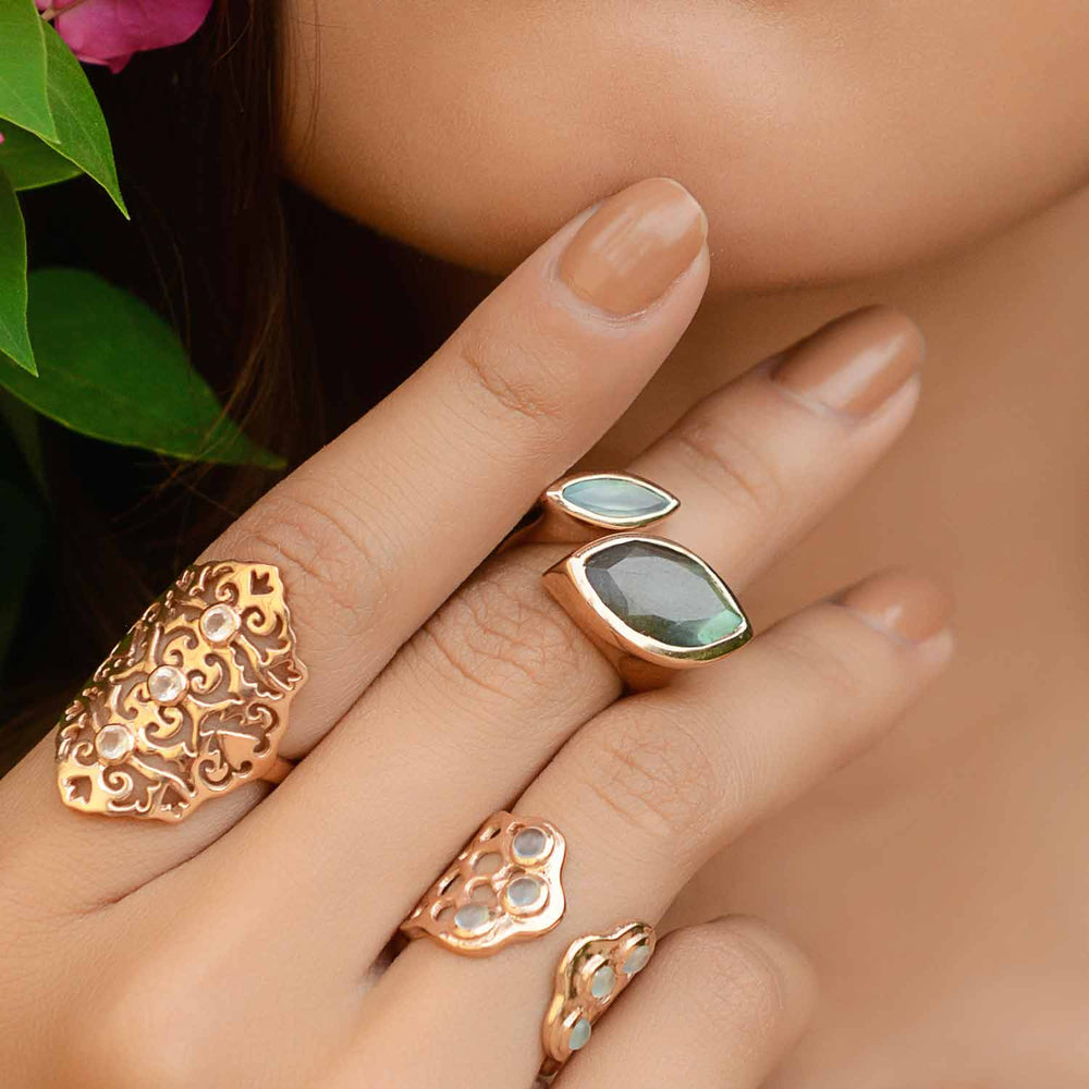 Gold Vermeil Ring, Labradorite and Aqua Chalcedony gemstone, geometric unique design