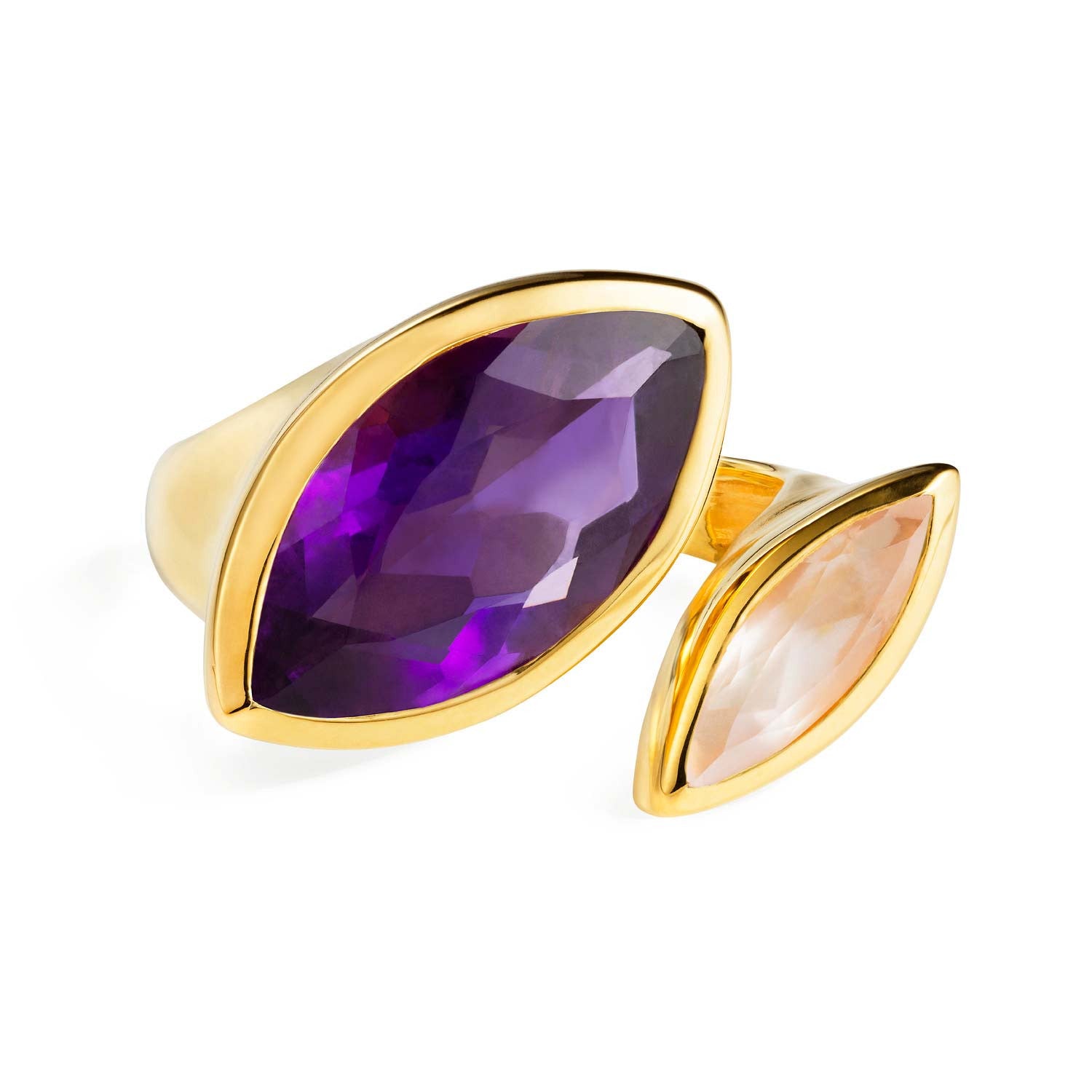 Gold vermeil cocktail ring, Purple Amethyst, Rose Quartz gemstone, geometric, unique British design