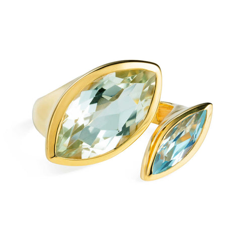 Celestine Gold Cocktail Ring Green Amethyst and Blue Topaz