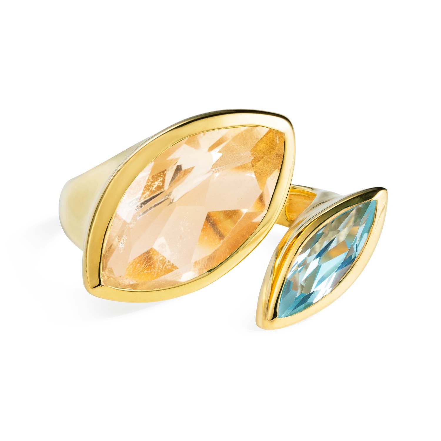 Gold vermeil cocktail ring, Citrine, Aqua Chalcedony gemstone, geometric, unique British design