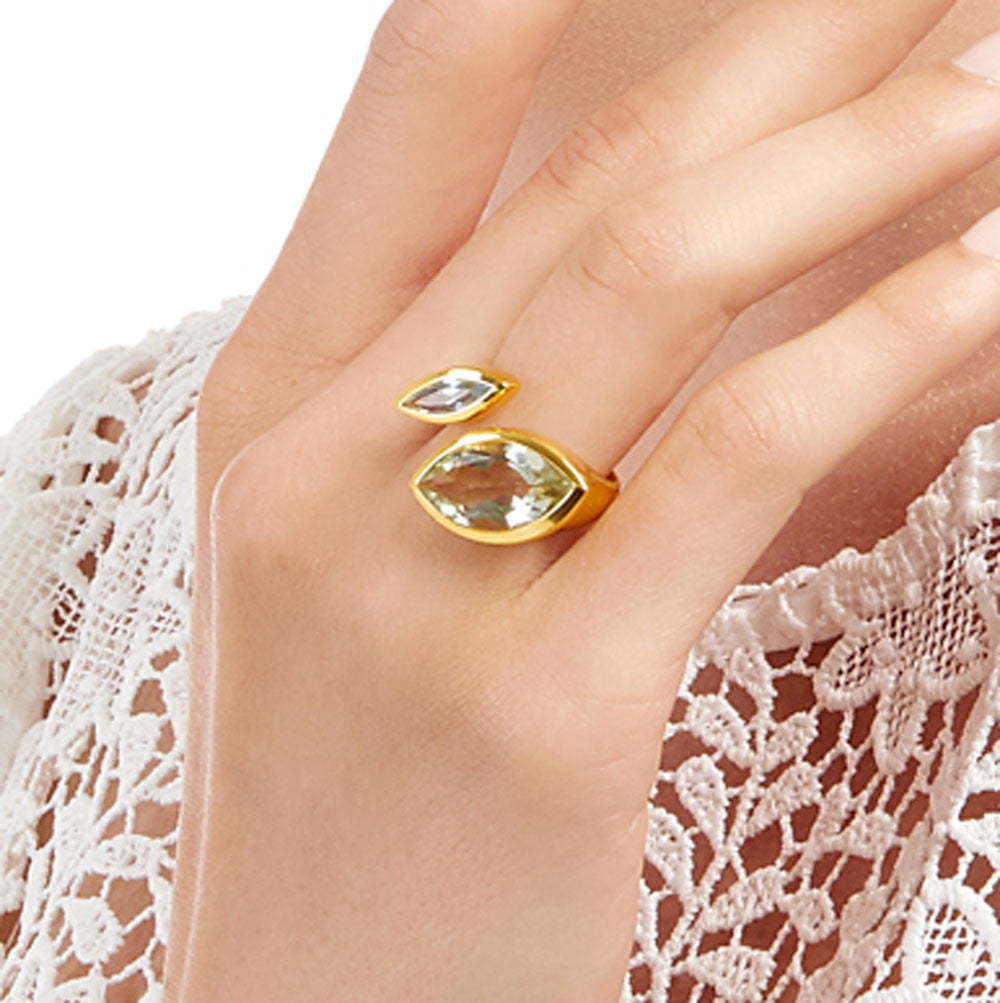 Gold vermeil cocktail ring, lemon quartz, green peridot gemstone, geometric, unique design, sustainable