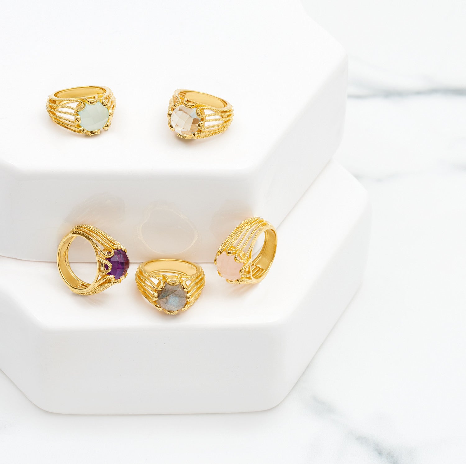 gold vermeil cocktail rings, natural gemstones, geometric, sustainable