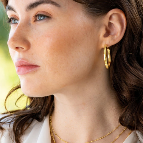 handmade gold hoops earring, ethical british designer jewellery, neola design
