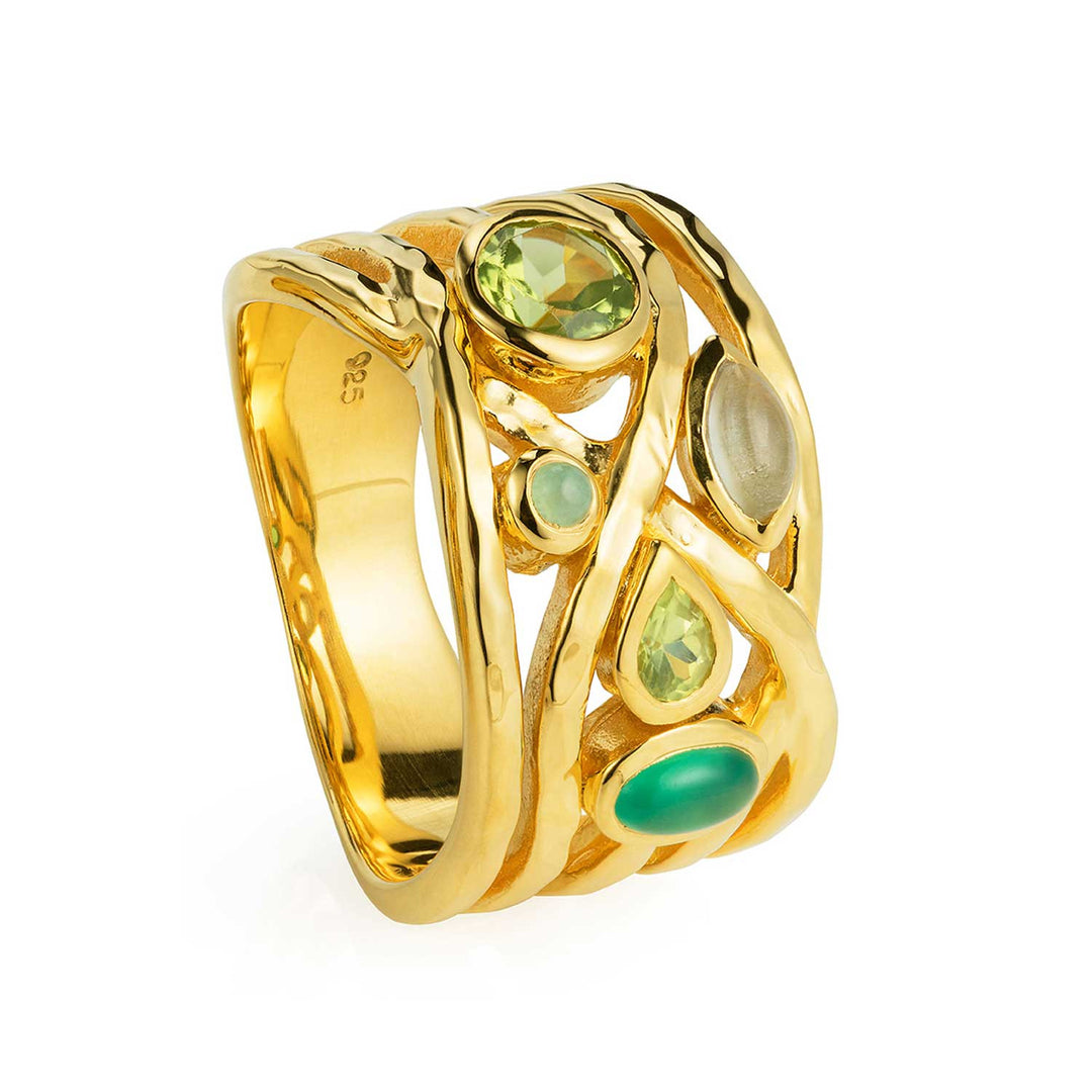 Gold vermeil cocktail ring, Green Amethyst, Green Onyx, Chrysoprase and Peridot, gemstone, geometric, unique British design