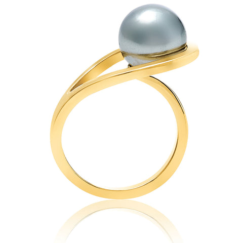 Gold ring, grey pearl, geometric, unique British design