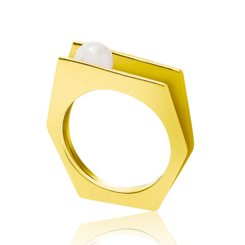 Gold vermeil cocktail ring, white pearl, geometric, minimalist
