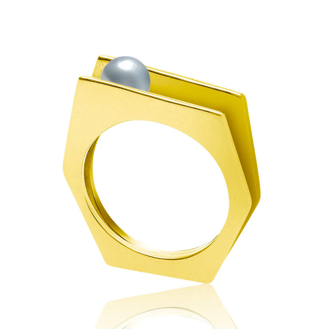 gold vermeil cocktail ring, pearl, geometric, unique British design