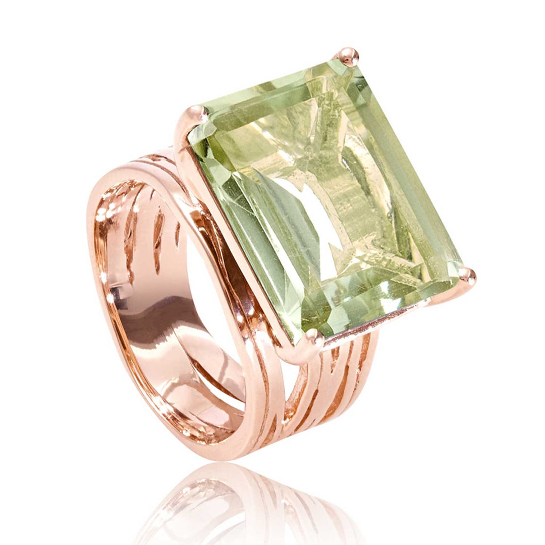 Rose gold vermeil cocktail ring, green amethyst gemstone, geometric, unique British design