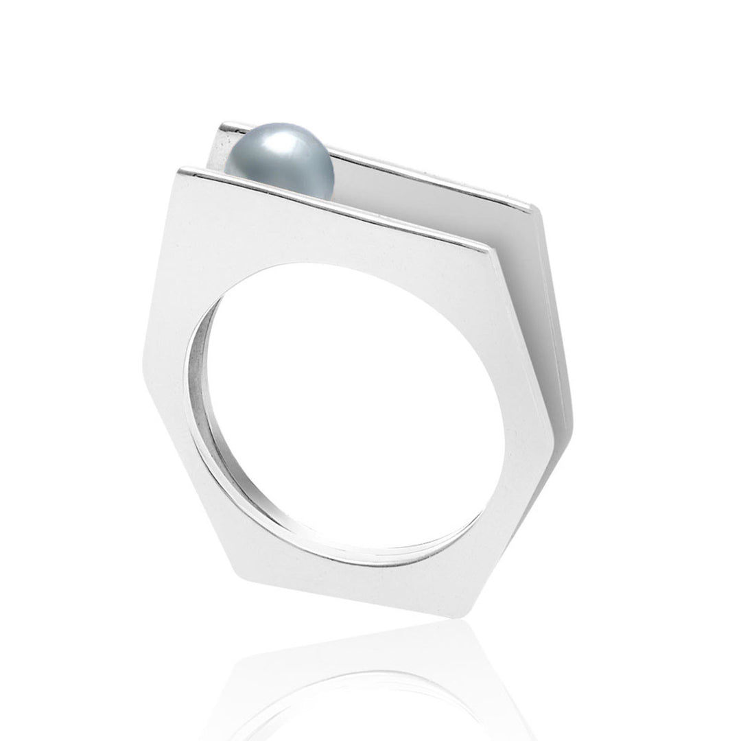 Sterling silver ring, grey pearl, geometric, unique British design